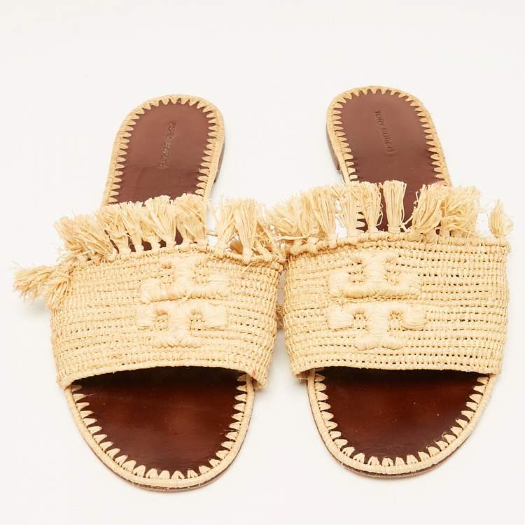Pre Owned Tory Burch Beige Raffia Flat Slides Size 41