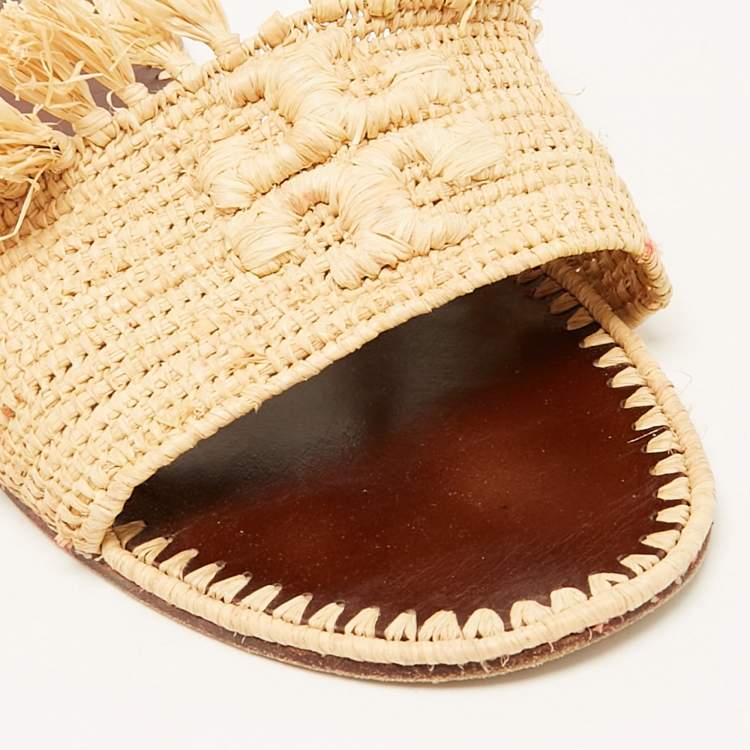 Pre Owned Tory Burch Beige Raffia Flat Slides Size 41