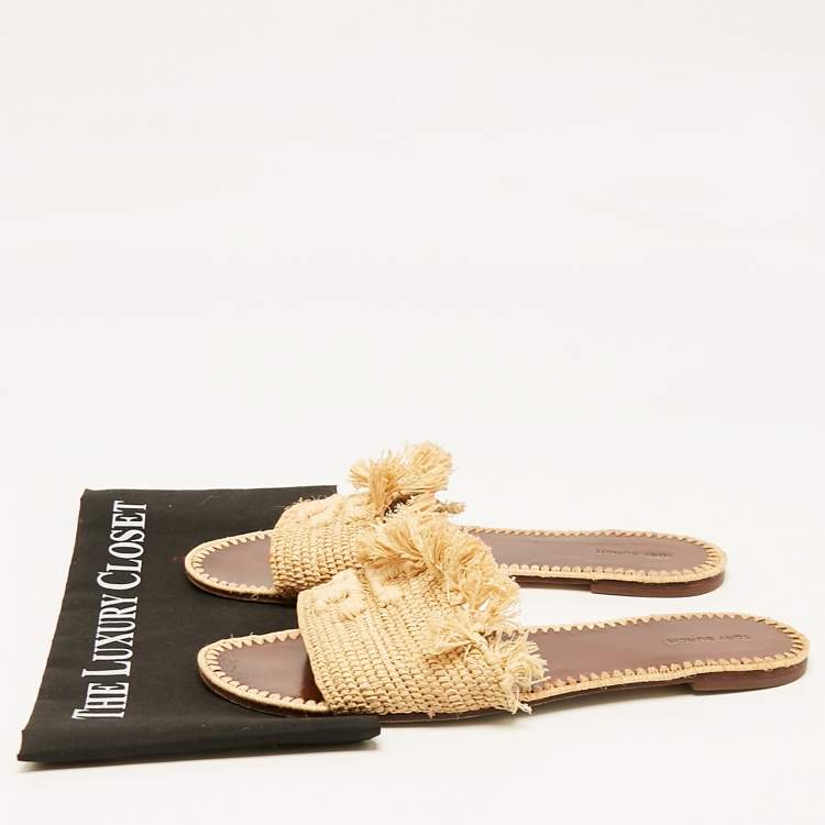 Pre Owned Tory Burch Beige Raffia Flat Slides Size 41