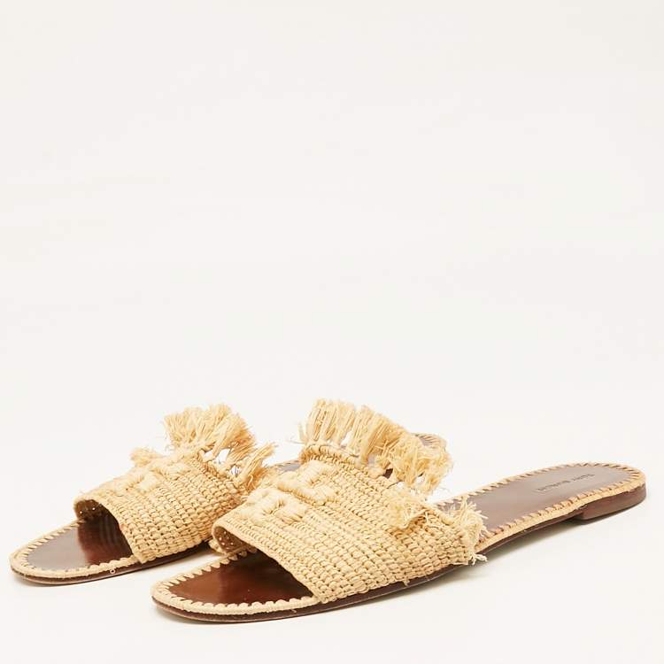 Pre Owned Tory Burch Beige Raffia Flat Slides Size 41