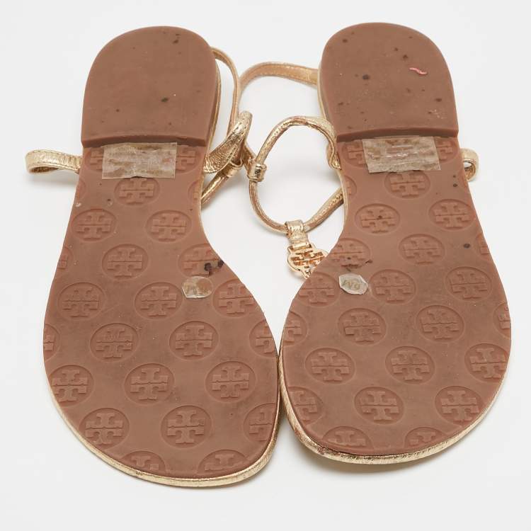 Pre Owned Tory Burch Gold Leather Emmy Thong Sandals Size 36.5