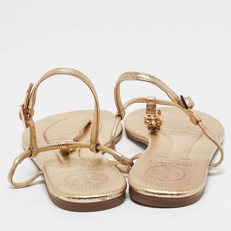 Pre Owned Tory Burch Gold Leather Emmy Thong Sandals Size 36.5