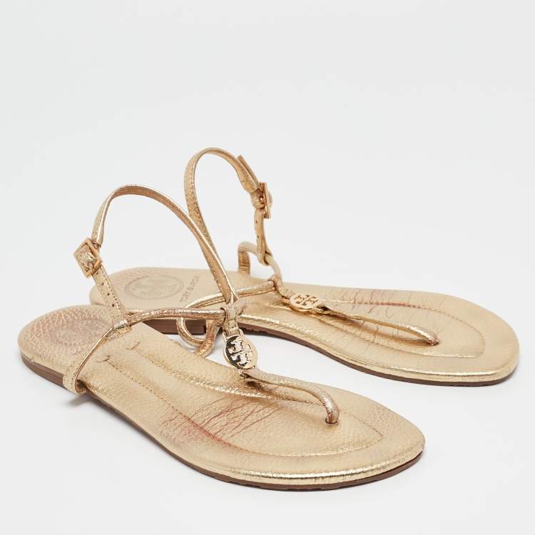 Pre Owned Tory Burch Gold Leather Emmy Thong Sandals Size 36.5