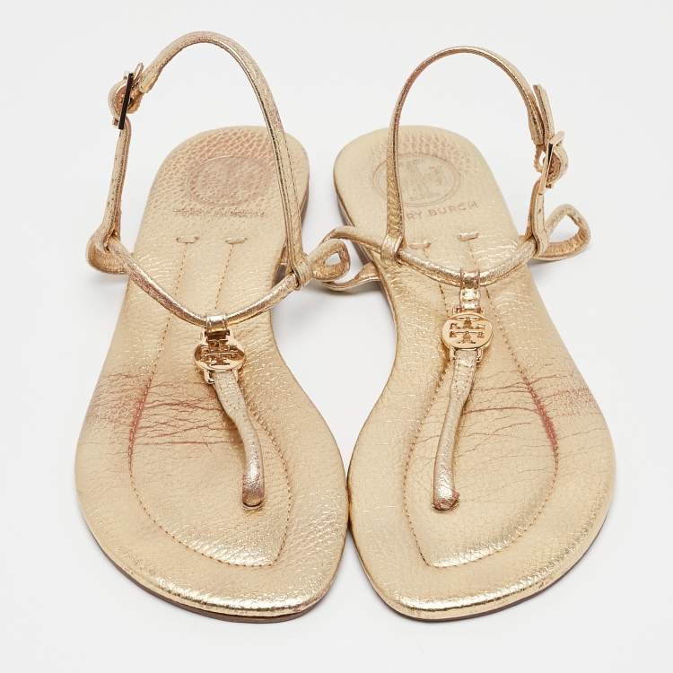 Pre Owned Tory Burch Gold Leather Emmy Thong Sandals Size 36.5