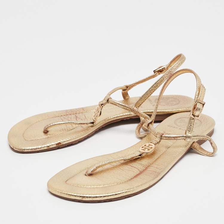 Pre Owned Tory Burch Gold Leather Emmy Thong Sandals Size 36.5