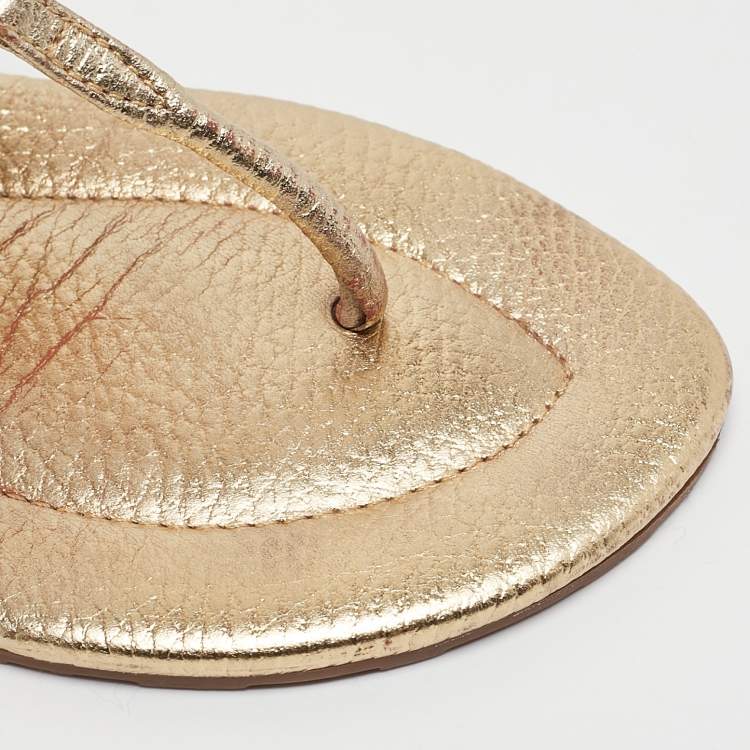 Pre Owned Tory Burch Gold Leather Emmy Thong Sandals Size 36.5
