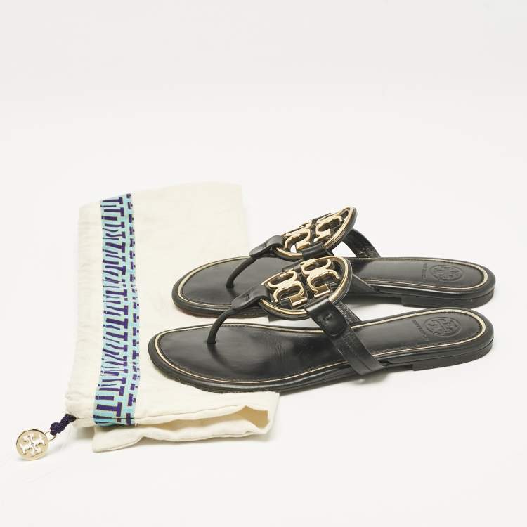Pre Owned Tory Burch Black Leather Logo Miller Thong Flats Size 37