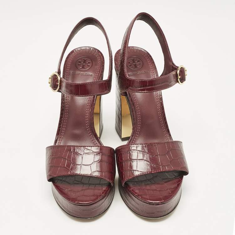 Pre Owned Tory Burch Burgundy Croc Embossed Leather Martine Platform Sandals Size 41