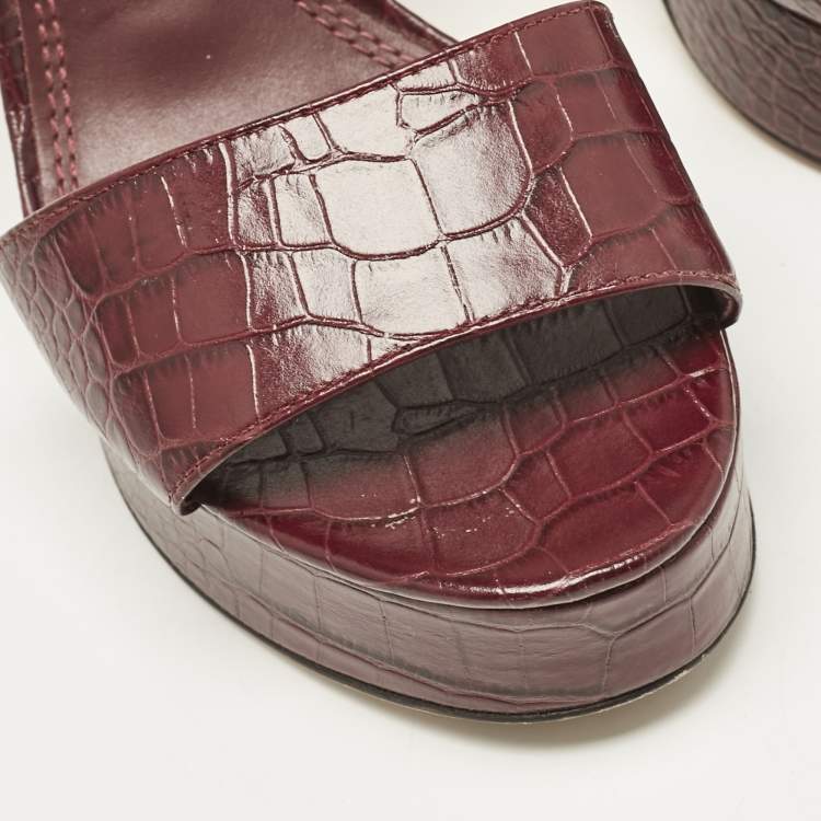 Pre Owned Tory Burch Burgundy Croc Embossed Leather Martine Platform Sandals Size 41
