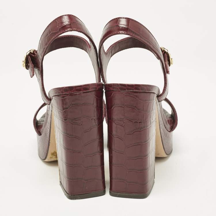Pre Owned Tory Burch Burgundy Croc Embossed Leather Martine Platform Sandals Size 41