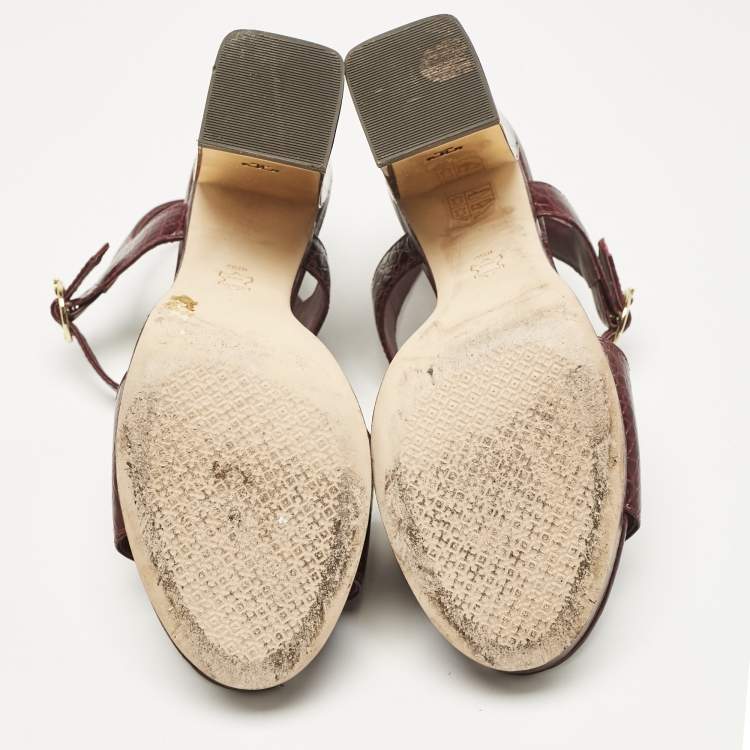 Pre Owned Tory Burch Burgundy Croc Embossed Leather Martine Platform Sandals Size 41