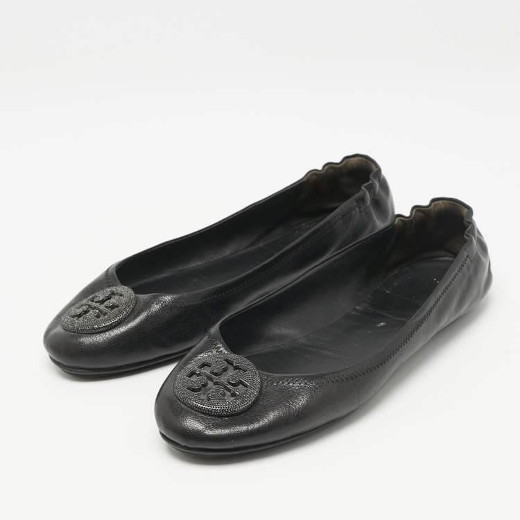 Pre Owned Tory Burch Black Leather Minnie Travel Ballet Flats Size 40.5