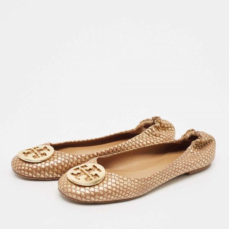 Pre Owned Tory Burch Brown/Gold Leather Minnie Travel Ballet Flats Size 40