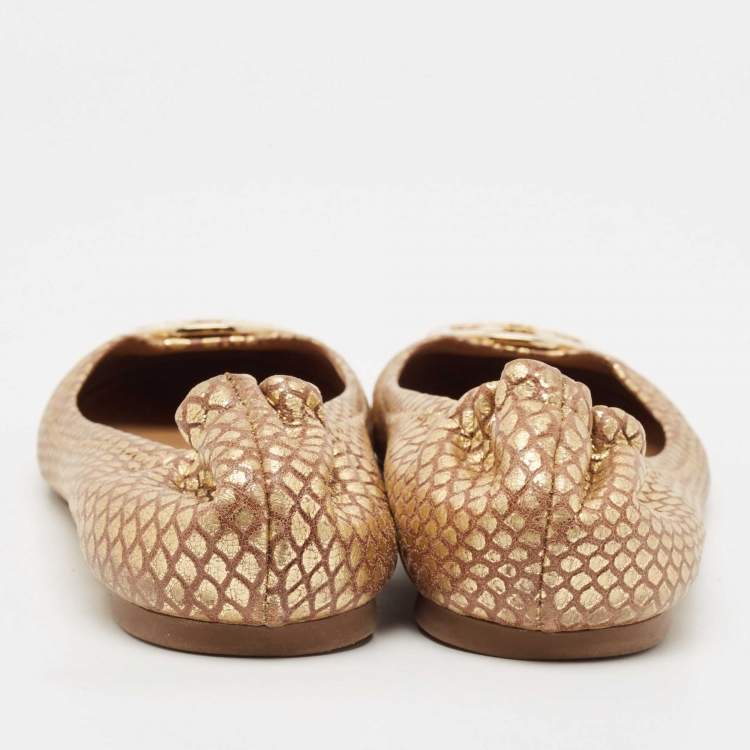 Pre Owned Tory Burch Brown/Gold Leather Minnie Travel Ballet Flats Size 40