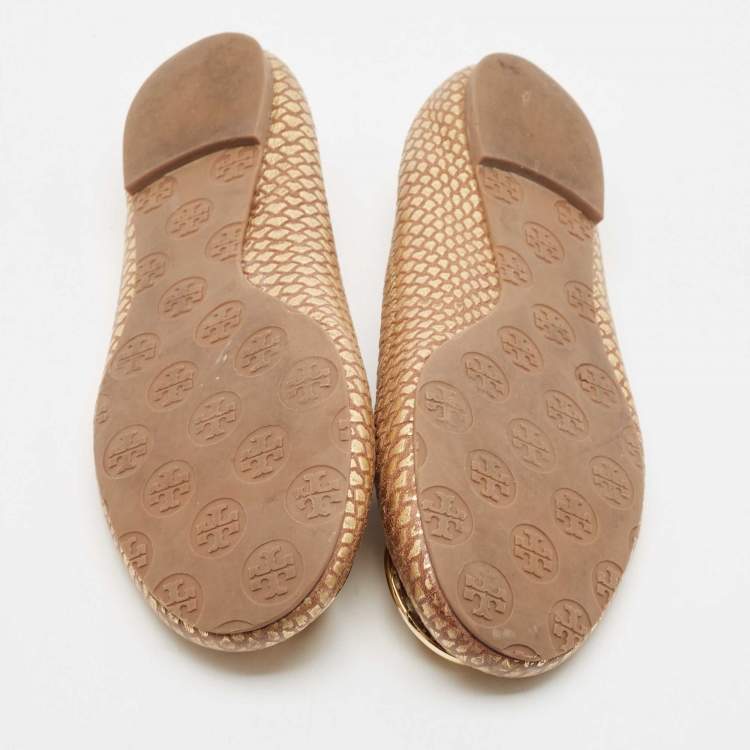 Pre Owned Tory Burch Brown/Gold Leather Minnie Travel Ballet Flats Size 40