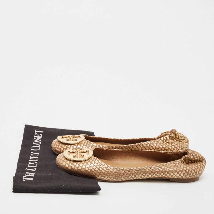 Pre Owned Tory Burch Brown/Gold Leather Minnie Travel Ballet Flats Size 40
