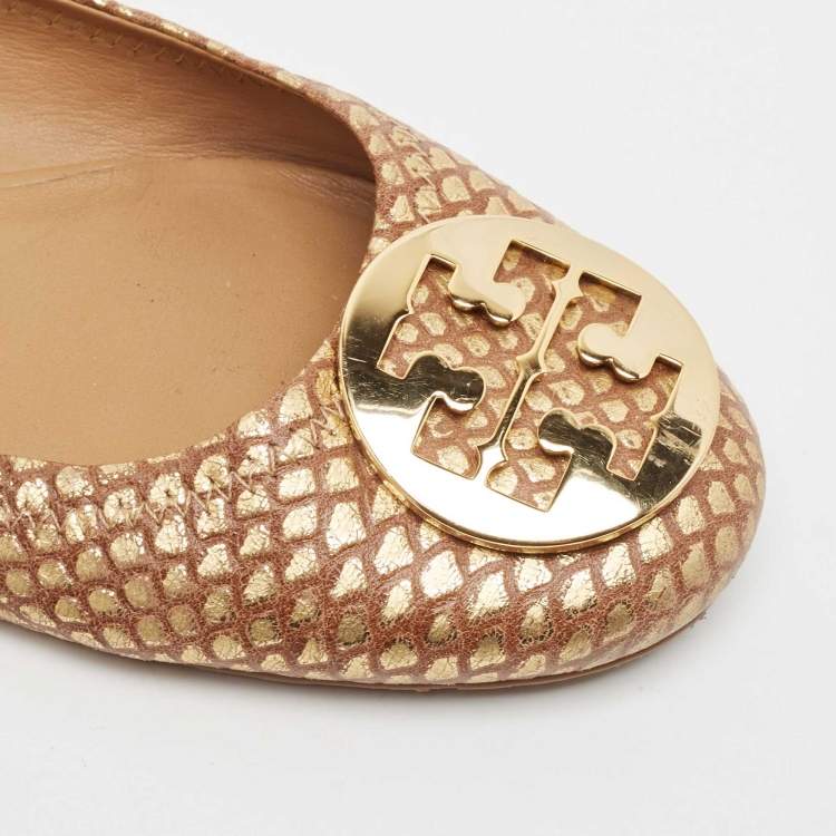 Pre Owned Tory Burch Brown/Gold Leather Minnie Travel Ballet Flats Size 40