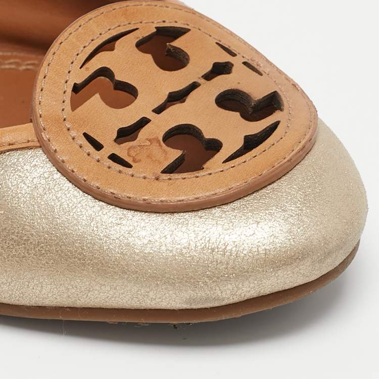 Pre Owned Tory Burch Gold/Brown Leather Ballet Flats Size 37.5