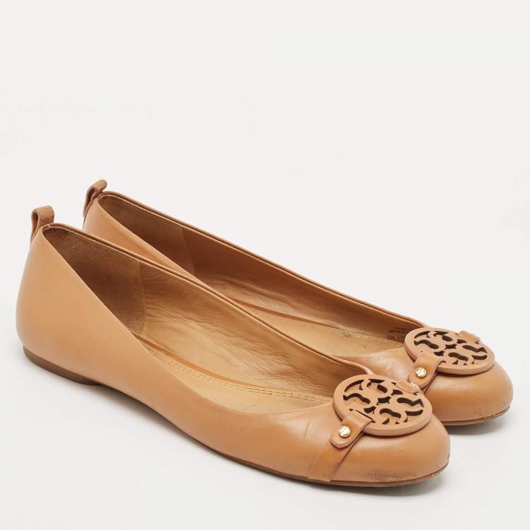 Pre Owned Tory Burch Brown Leather Reva Ballet Flats Size 39.5