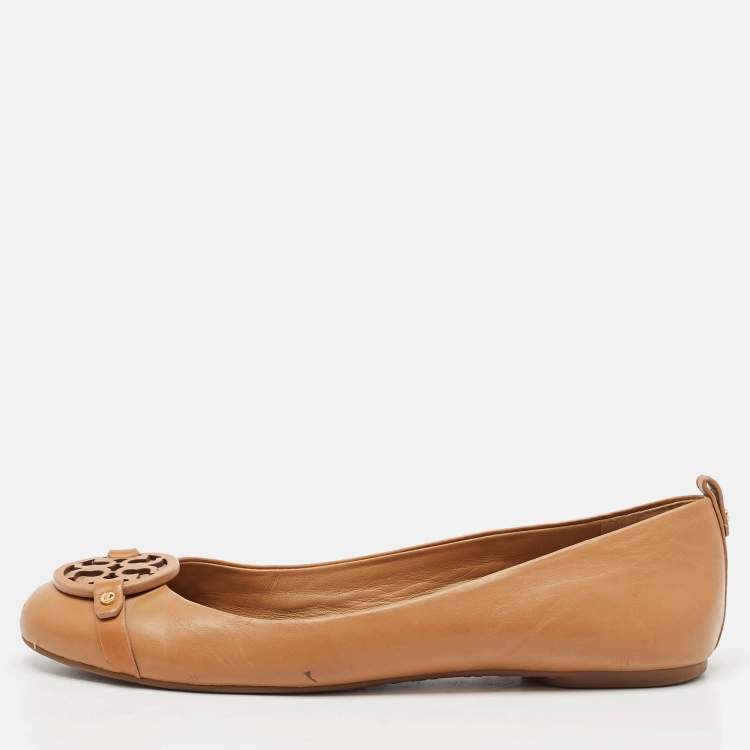Pre Owned Tory Burch Brown Leather Reva Ballet Flats Size 39.5