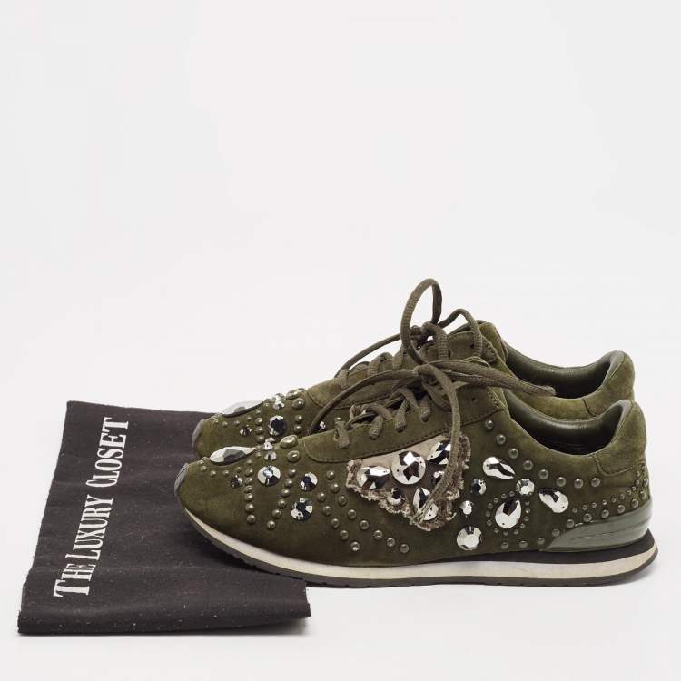Pre Owned Tory Burch Green Suede Scarlett Crystal Embellished Sneakers Size 38.5