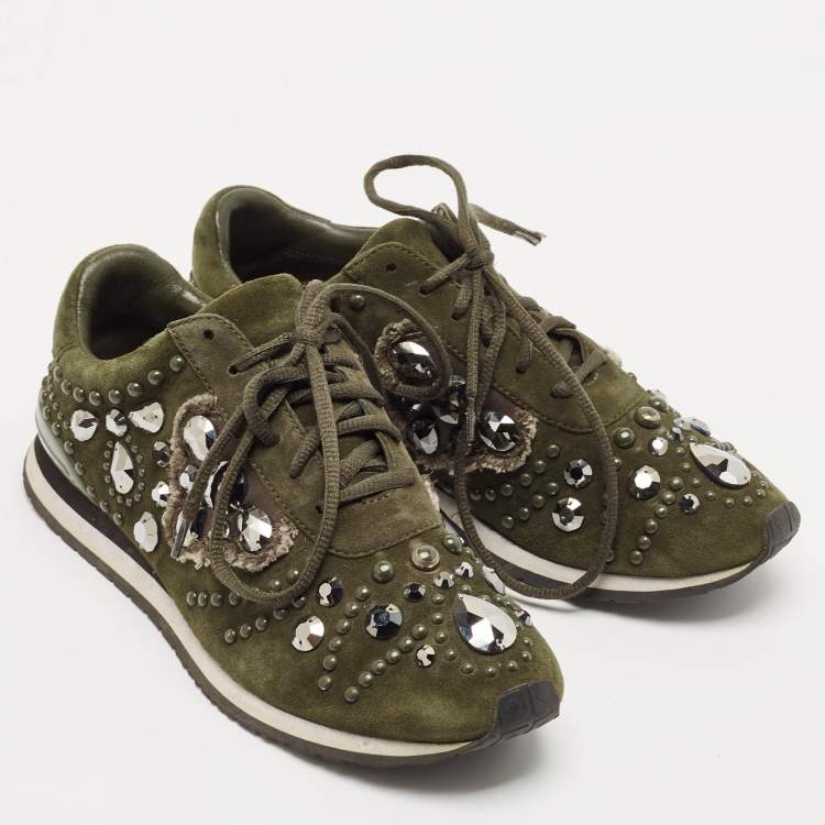 Pre Owned Tory Burch Green Suede Scarlett Crystal Embellished Sneakers Size 38.5