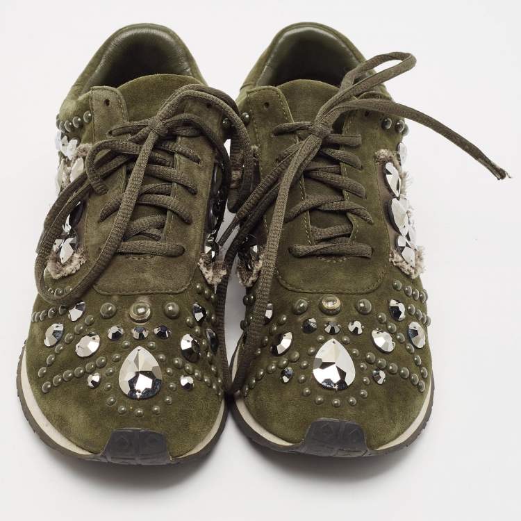 Pre Owned Tory Burch Green Suede Scarlett Crystal Embellished Sneakers Size 38.5