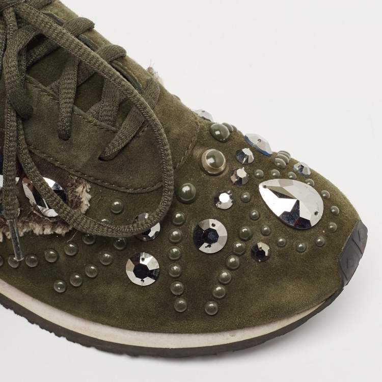 Pre Owned Tory Burch Green Suede Scarlett Crystal Embellished Sneakers Size 38.5