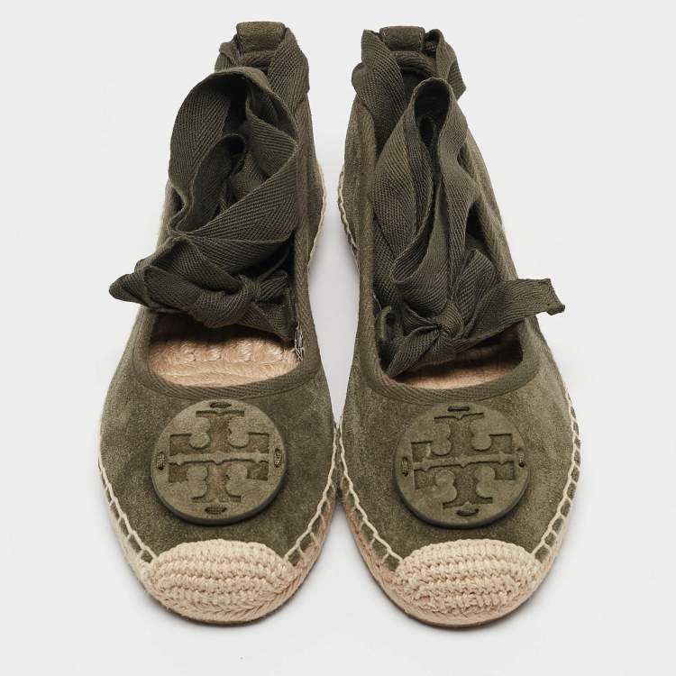 Pre Owned Tory Burch Green Suede Minnie Travel Ballet Flats Size 36.5