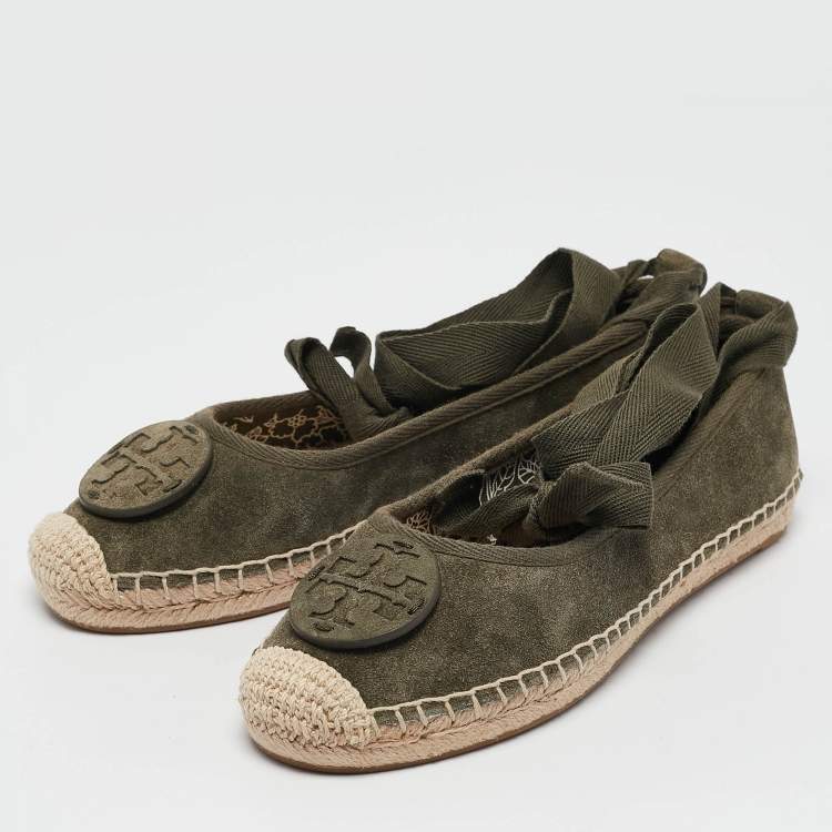 Pre Owned Tory Burch Green Suede Minnie Travel Ballet Flats Size 36.5