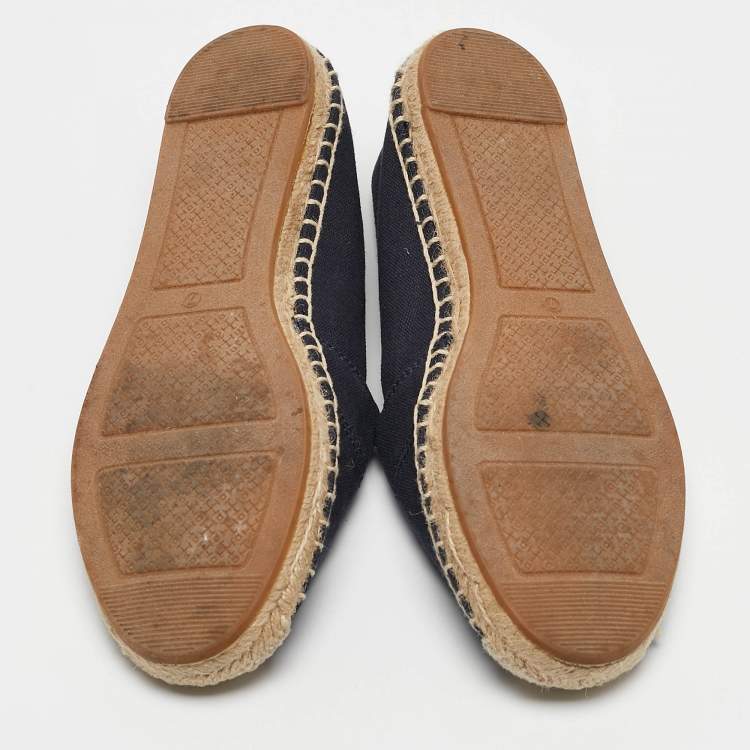 Pre Owned Tory Burch Navy Blue Canvas And Leather Espadrilles Flats Size 37.5