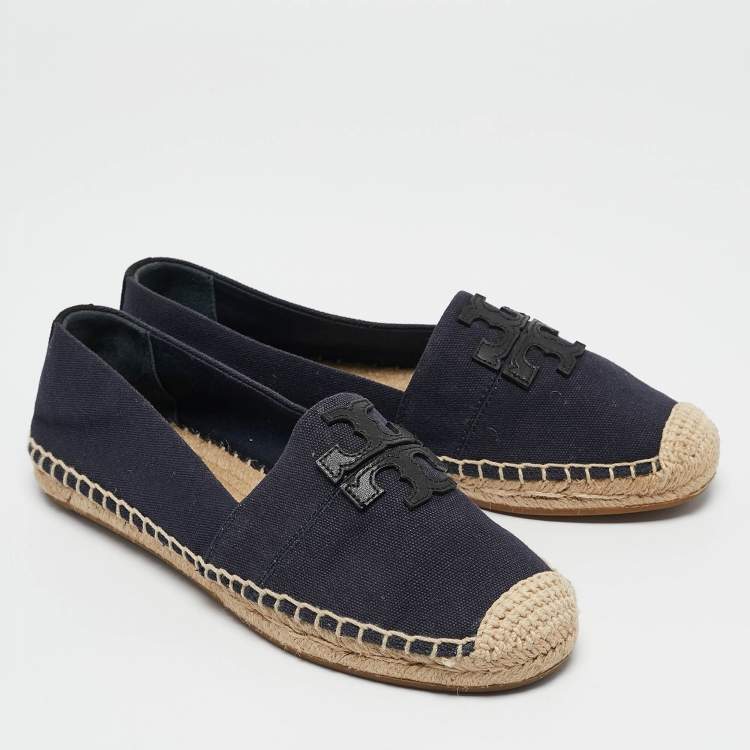 Pre Owned Tory Burch Navy Blue Canvas And Leather Espadrilles Flats Size 37.5
