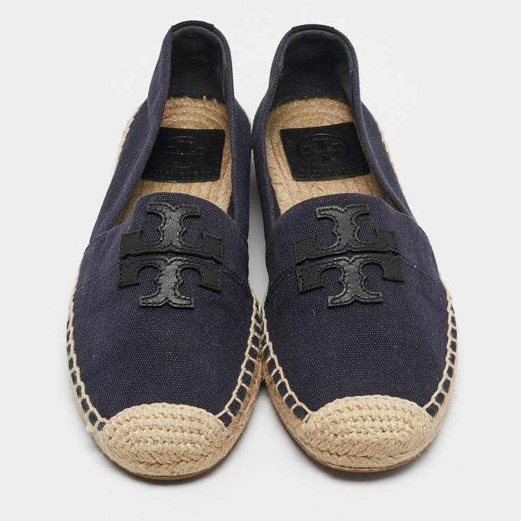 Pre Owned Tory Burch Navy Blue Canvas And Leather Espadrilles Flats Size 37.5