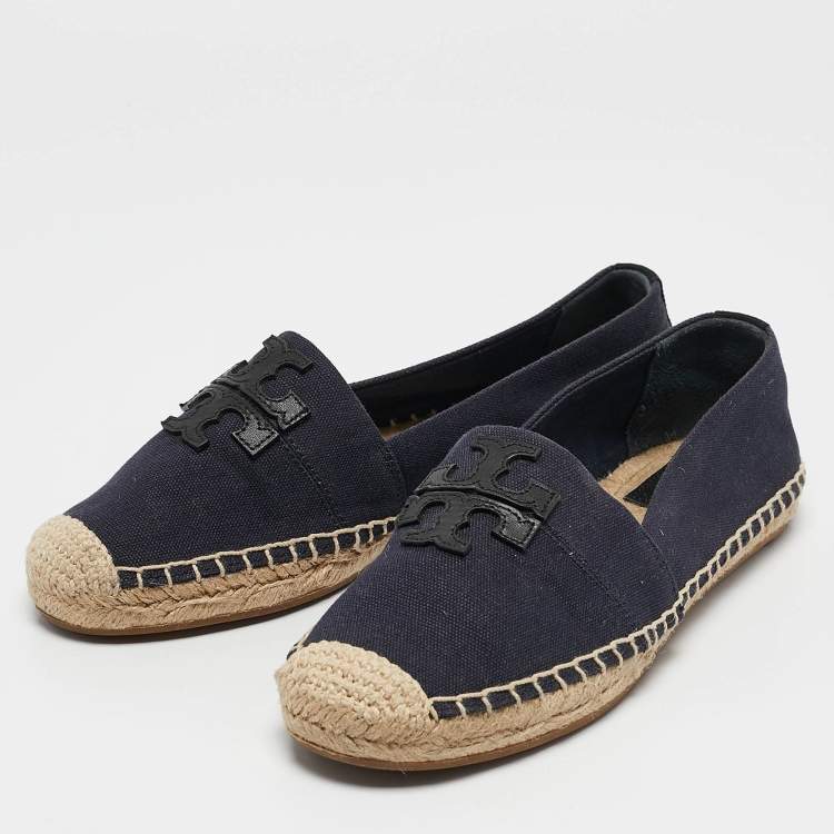 Pre Owned Tory Burch Navy Blue Canvas And Leather Espadrilles Flats Size 37.5