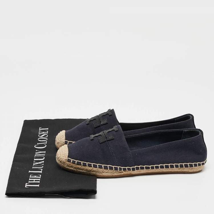 Pre Owned Tory Burch Navy Blue Canvas And Leather Espadrilles Flats Size 37.5