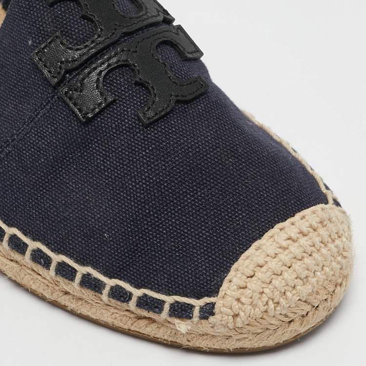 Pre Owned Tory Burch Navy Blue Canvas And Leather Espadrilles Flats Size 37.5