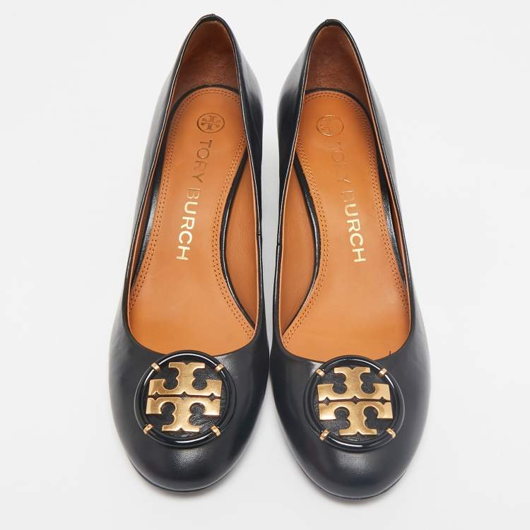 Pre Owned Tory Burch Black Leather Multi-Logo Pumps Size 38