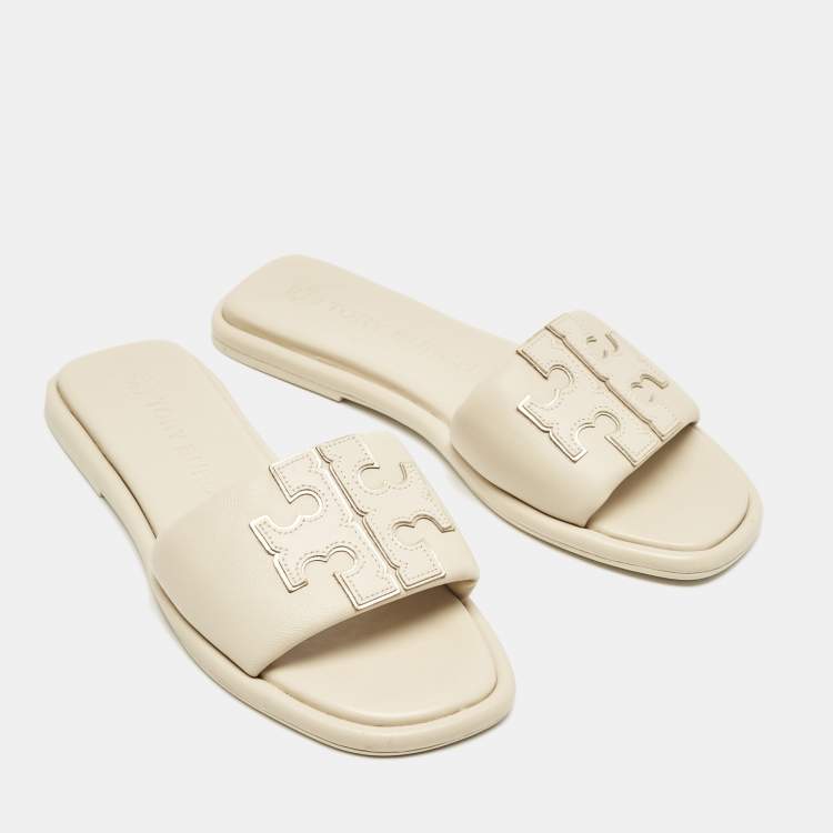 Pre Owned Tory Burch Cream Leather Double T Slide Flat Sandals Size 38