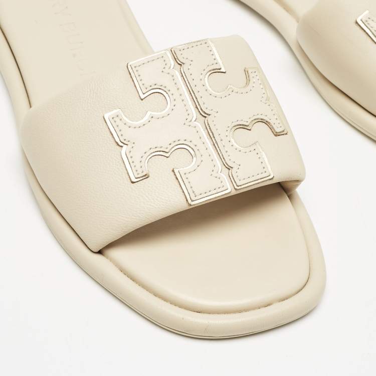 Pre Owned Tory Burch Cream Leather Double T Slide Flat Sandals Size 38