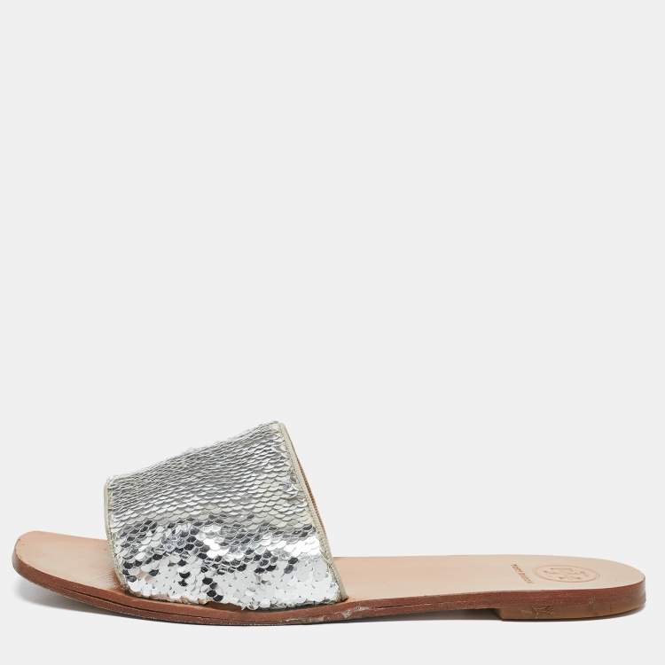 Pre Owned Tory Burch Silver Sequins Carter Flat Slides Size 38.5