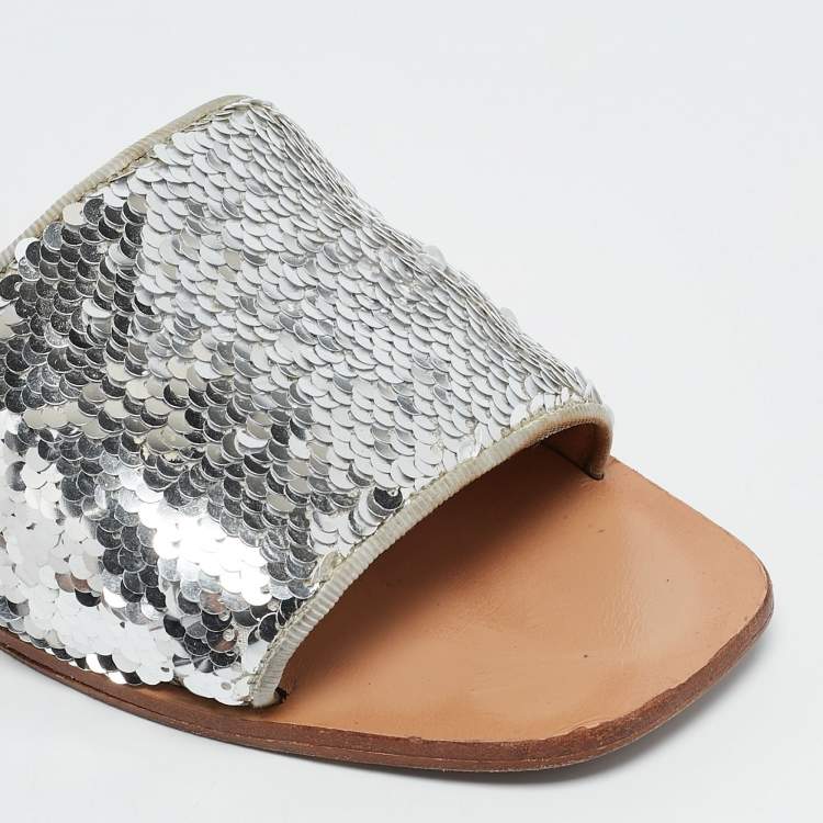 Pre Owned Tory Burch Silver Sequins Carter Flat Slides Size 38.5