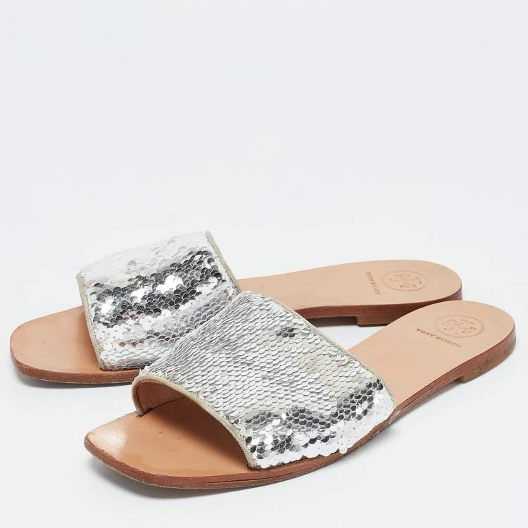Pre Owned Tory Burch Silver Sequins Carter Flat Slides Size 38.5