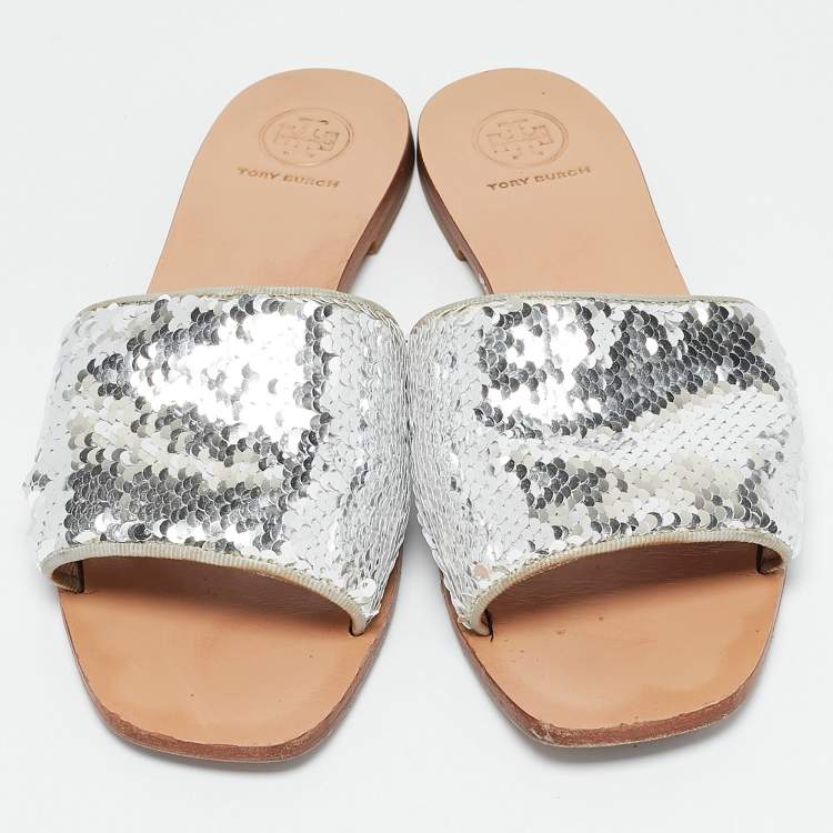 Pre Owned Tory Burch Silver Sequins Carter Flat Slides Size 38.5