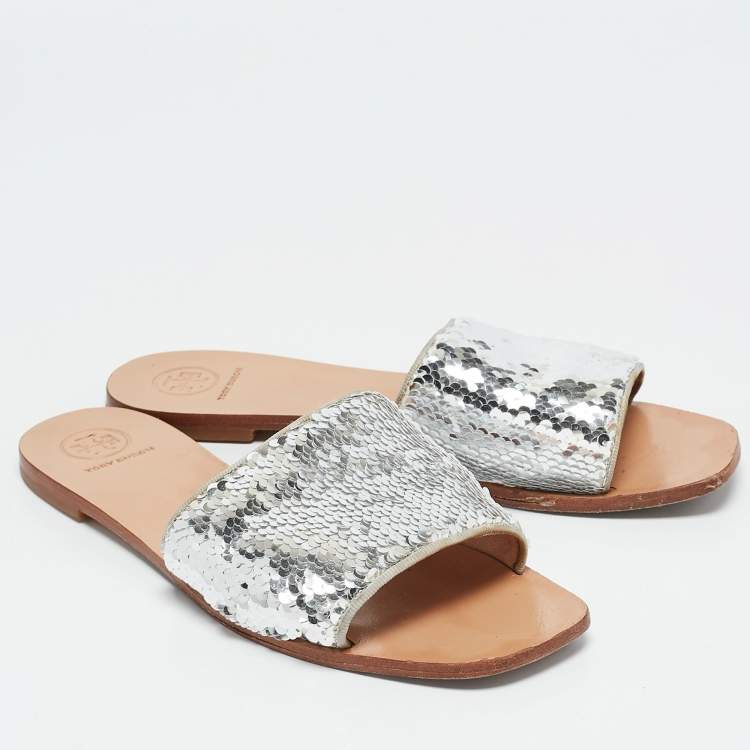 Pre Owned Tory Burch Silver Sequins Carter Flat Slides Size 38.5