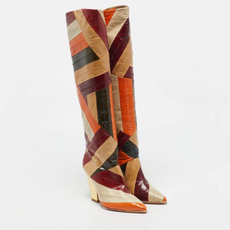 Pre Owned Tory Burch Multicolor Eel Leather Knee Length Boots Size 35.5