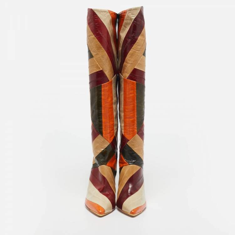 Pre Owned Tory Burch Multicolor Eel Leather Knee Length Boots Size 35.5