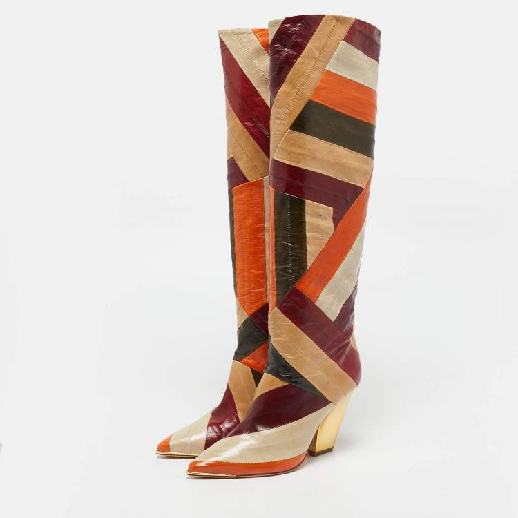 Pre Owned Tory Burch Multicolor Eel Leather Knee Length Boots Size 35.5