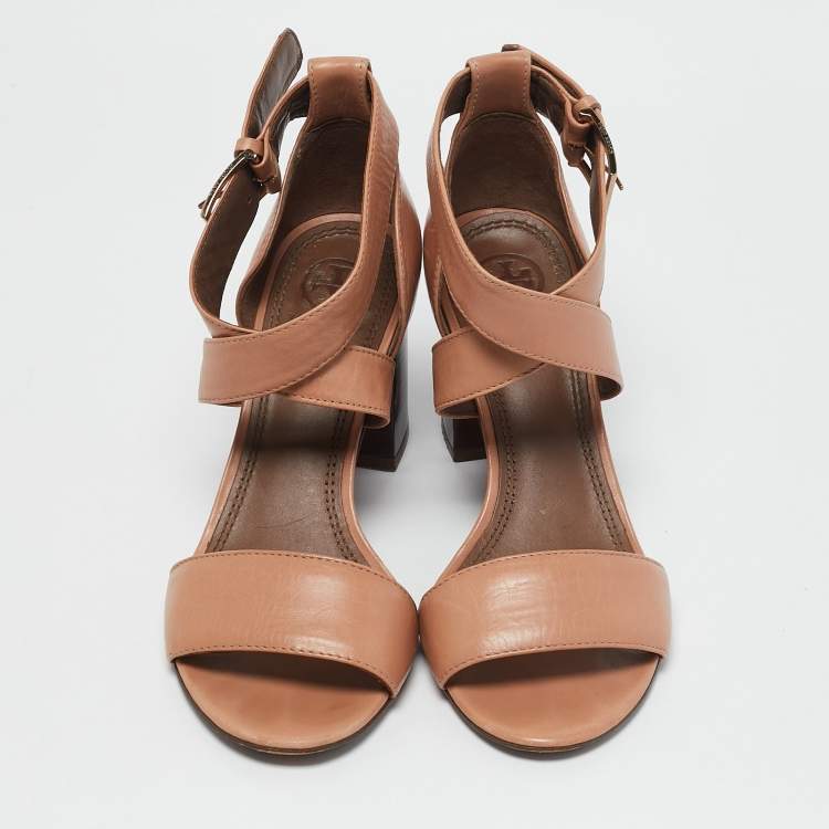 Pre Owned Tory Burch Peach Leather Buckle Cross Strap Sandals Size 37