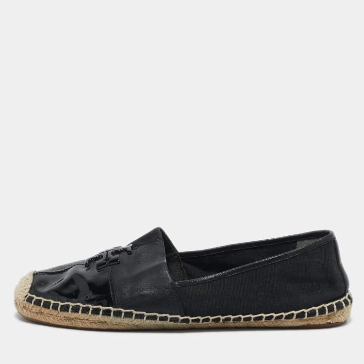 Pre Owned Tory Burch Black Canvas and Leather Ines Espadrille Flats Size 39