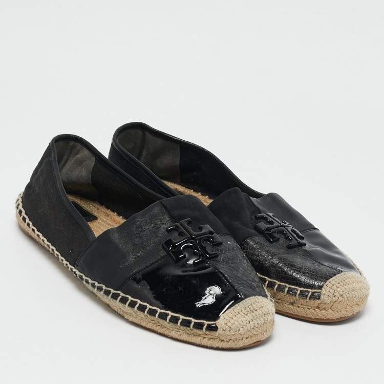 Pre Owned Tory Burch Black Canvas and Leather Ines Espadrille Flats Size 39